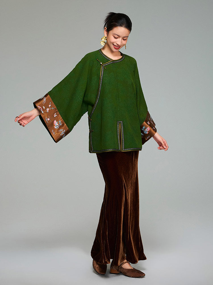 Vintage Green Embroidered Chinese Silk Blouse – Handmade 100% Mulberry Silk Women's Top-05