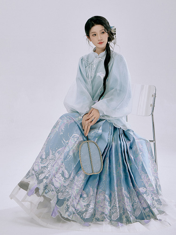 Spiritual Fish and Sea Waves – Dreamy Blue Hanfu Set with Horse Face Skirt Mamianqun Set-01