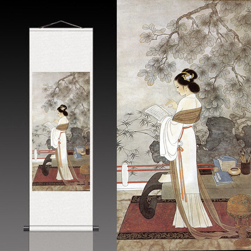 Traditional Chinese Painting Reading Lady Silk Scroll Hanging Painting Wall Decoration Art