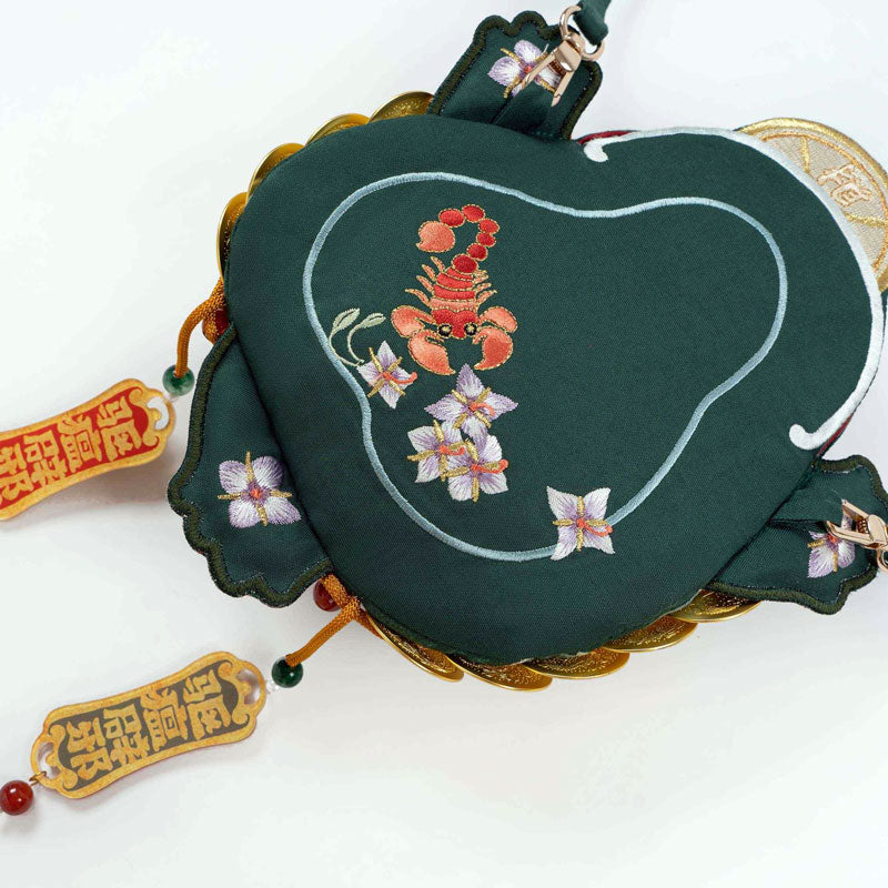 Golden Money Toad Embroidered Crossbody Phone Bag - Turquoise Green-04