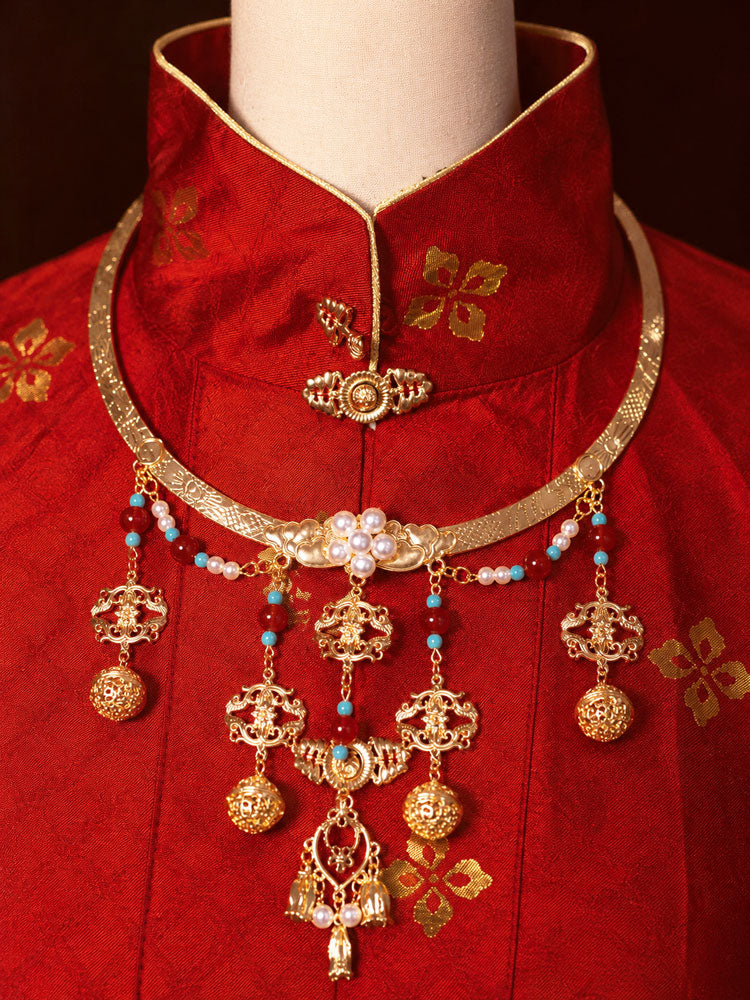 Ming-Style Yingluo Collar Necklace with Liuli Glass and Imitation Pearls-03