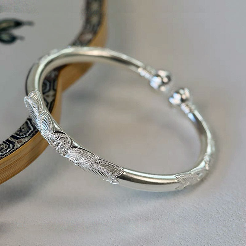 Hand Carved Retro Chinese Lotus Pattern Pure Solid Silver Bangle Bracelet with Pumpkin Shaped Opening-05
