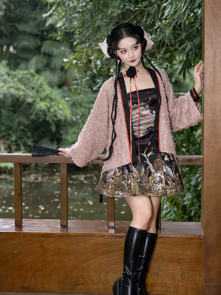 Magpie Herald of Joy – Chinese Magpie and Plum Blossom Brocade Woven Gold Mini Mamianqun Hanfu Skirt-04