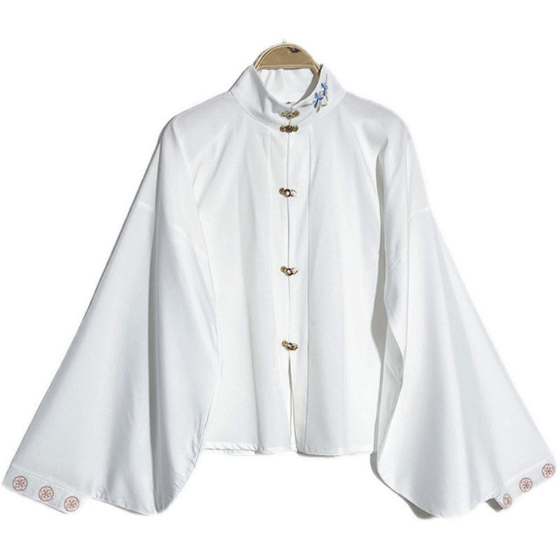 Ming Dynasty Stand-up Collar Han Element Solid Color Front Placket Daily Shirt Top-03