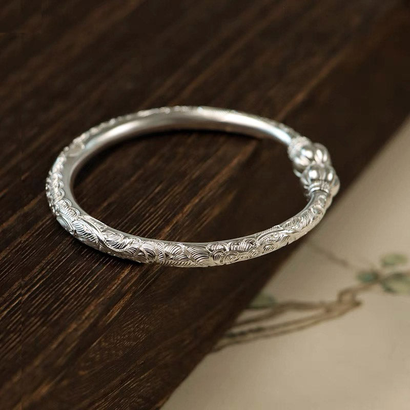 Vintage Chinese StylHand-Carved Peony Flower Pure Silver Bangle Bracelet with Pumpkin Shaped Opening Cuff-06