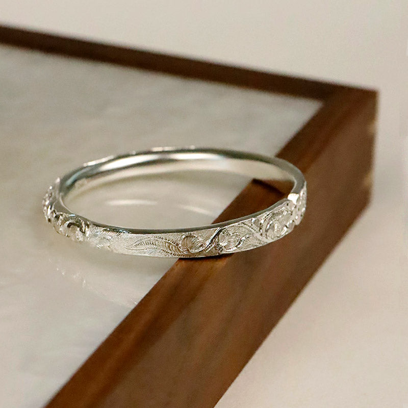 Hand Carved Chinese Style Vintage Vine Pattern Pure Solid Silver Bangle Bracelet-05