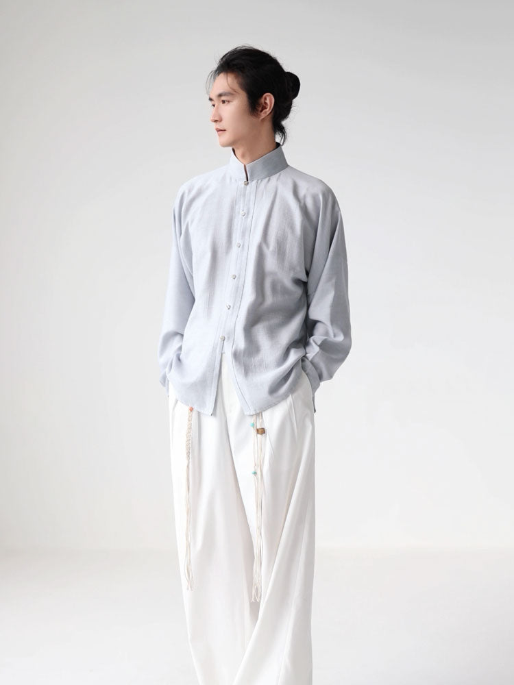 Men’s Light Blue Chinese-Inspired Mandarin Collar Long Sleeve Shirt-06