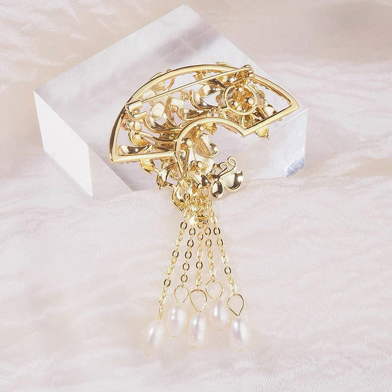 Chinese Cloisonné Pink Peony Fan-Shaped Brooch with Freshwater Pearl Tassel-04