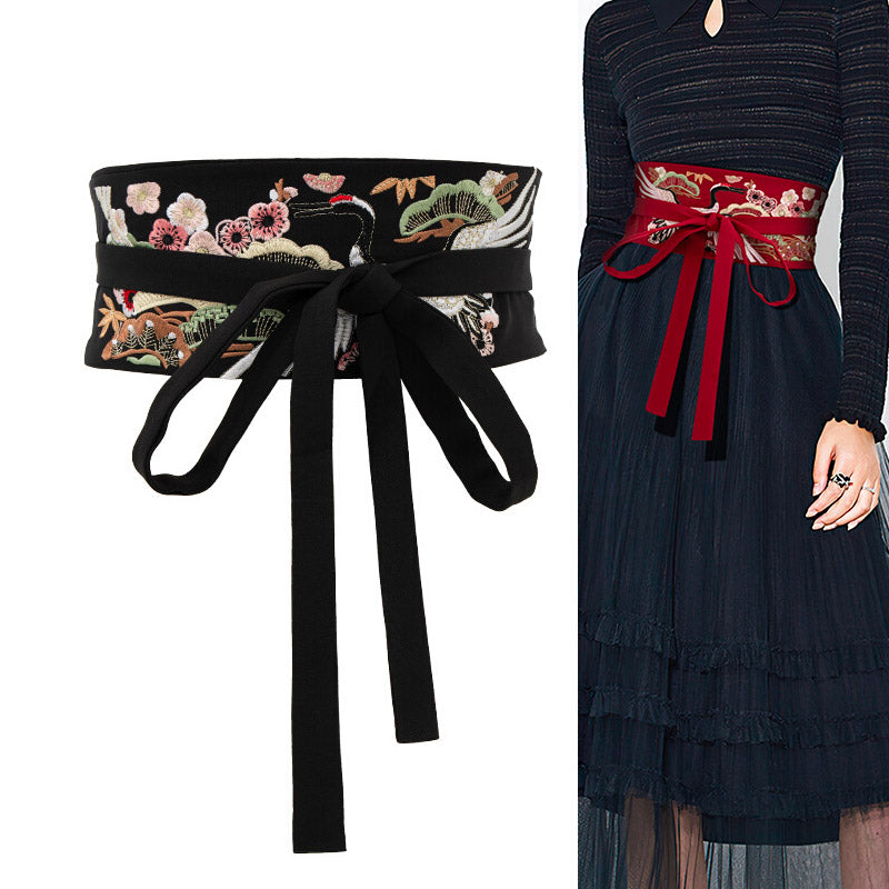 Vintage Chinese Style Crane Pattern Embroidery Girdle Waist Belt for Women-06