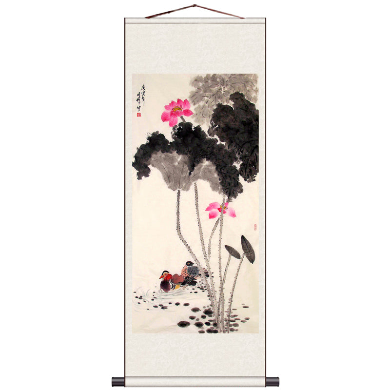 Traditional Chinese Painting Mandarin Ducks and Ink Lotus, Mandarin Ducks Playing in Water Silk Scroll Hanging Painting-05