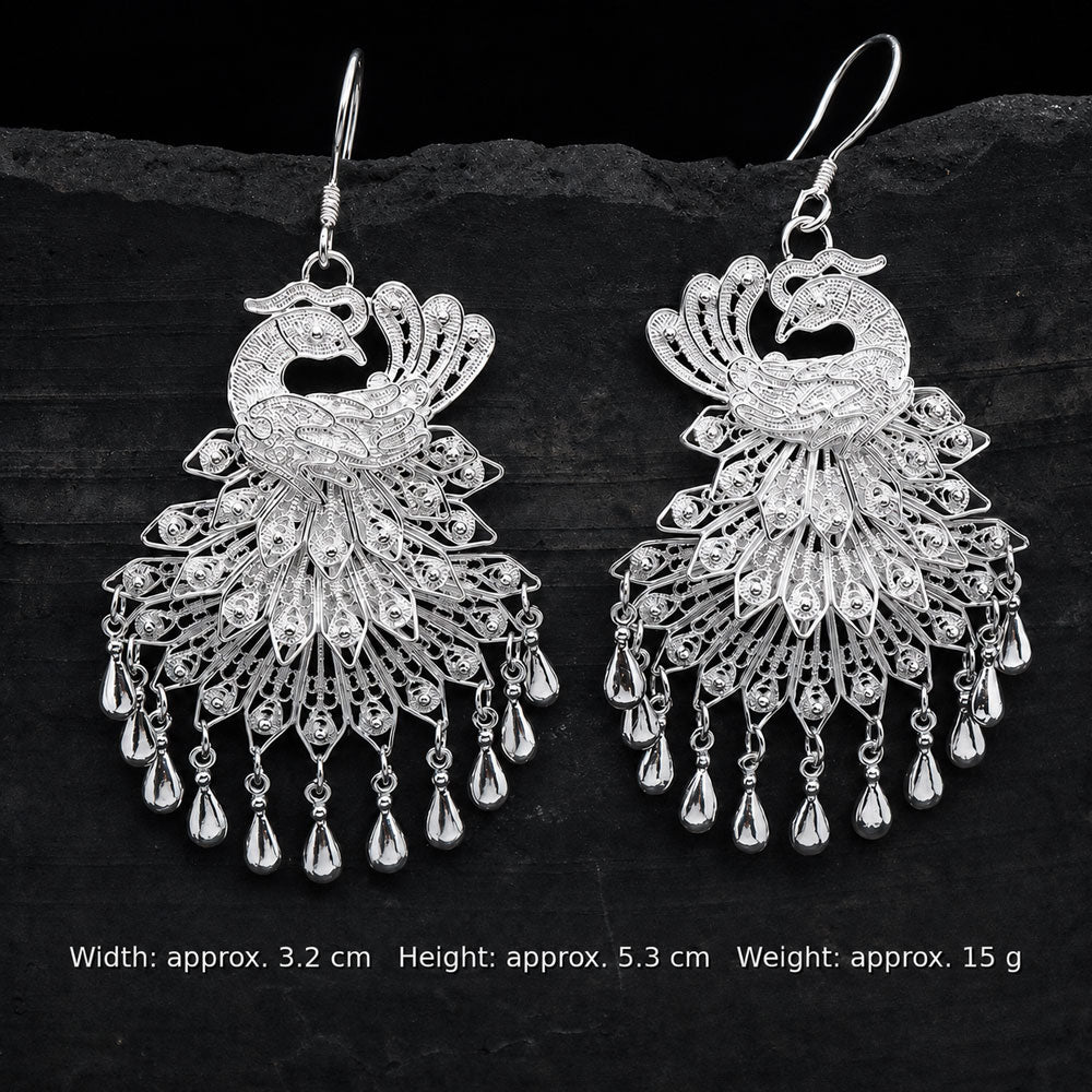 Classic Chinese Phoenix Filigree Statement Earrings in 999 Fine Silver