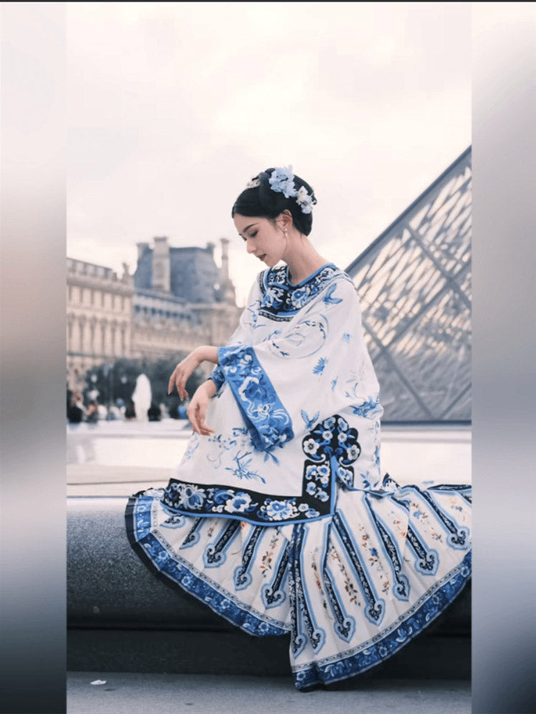Vintage Han Elements Blue and White Porcelain Printed Jacquard Top for Women-04