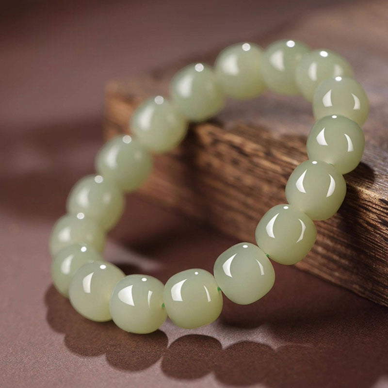 Natural Hetian Jade Beaded Bracelet - Qingshui Tone-10