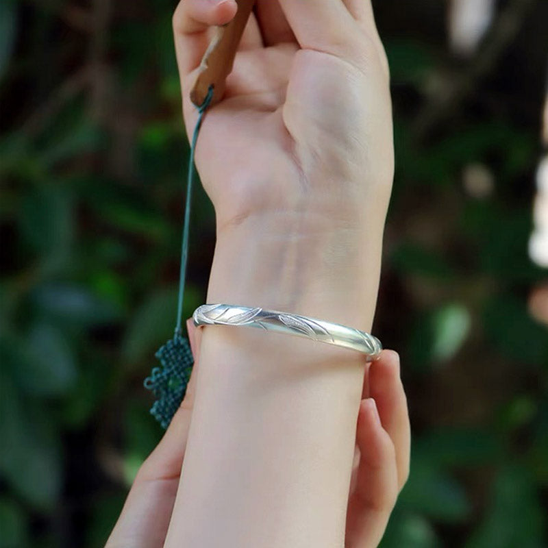 Hand Carved Vintage Chinese Bamboo Leaf Pattern Pure Solid Silver Bangle Bracelet Jewelry Gift-06