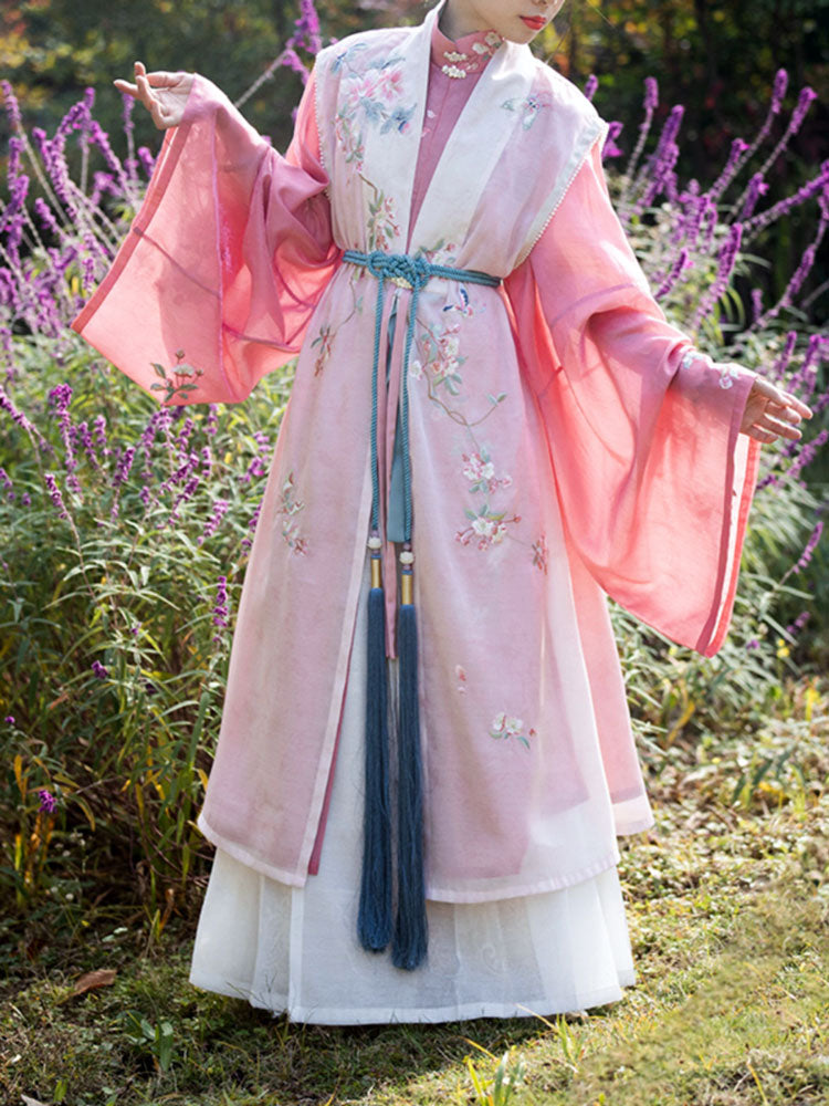 Blossom Season - Pink Traditional Stand-Collar Embroidered Hanfu Dress Set-03