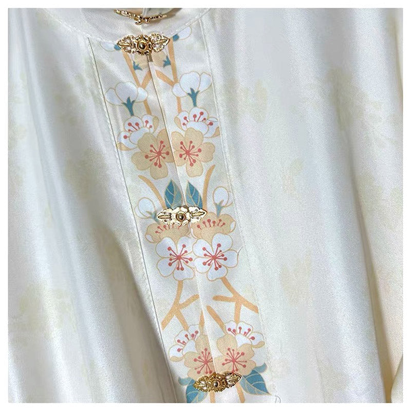 Ming Dynasty Stand-up Collar Beige Printed Front Placket Improved Daily Hanfu Shirt Top-04