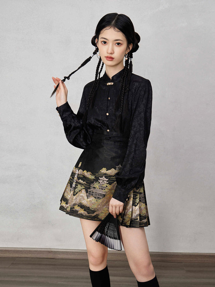 Mountains, Waters, and Pavilions – Woven Gold Short Mamianqun Skirt Neo-Hanfu Mini Skirt-09