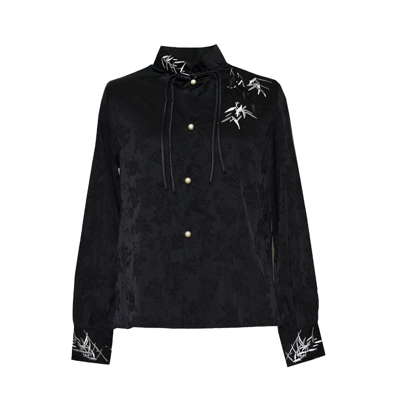 Morden Chinese Embroidered Bamboo Leaf Jacquard Satin Fabric Hanfu Shirt Blouse-05