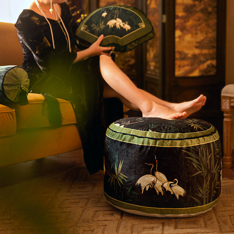 Chinese Style Serene Crane and Bamboo Meditation Pouf Pillow Floor Cushion-05