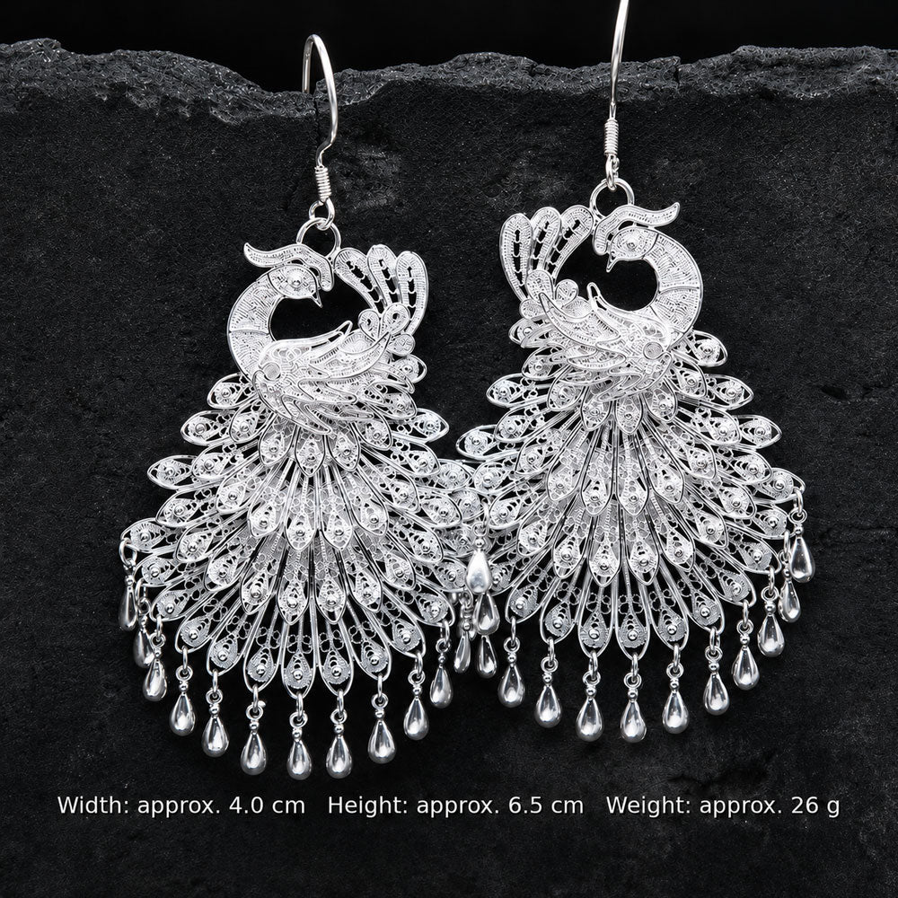 Classic Chinese Phoenix Filigree Statement Earrings in 999 Fine Silver