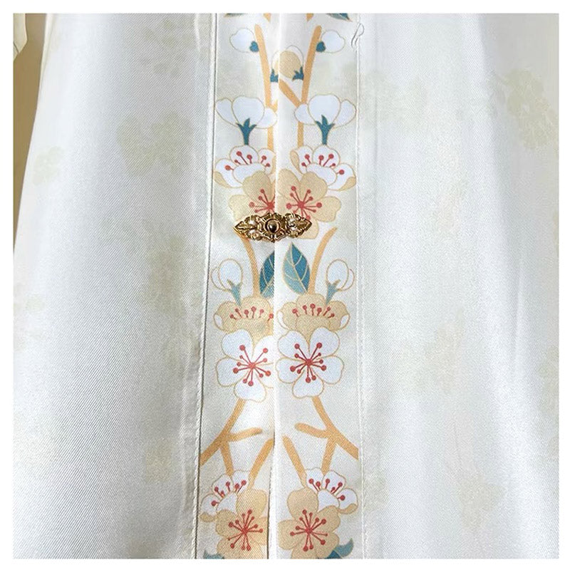 Ming Dynasty Stand-up Collar Beige Printed Front Placket Improved Daily Hanfu Shirt Top-05
