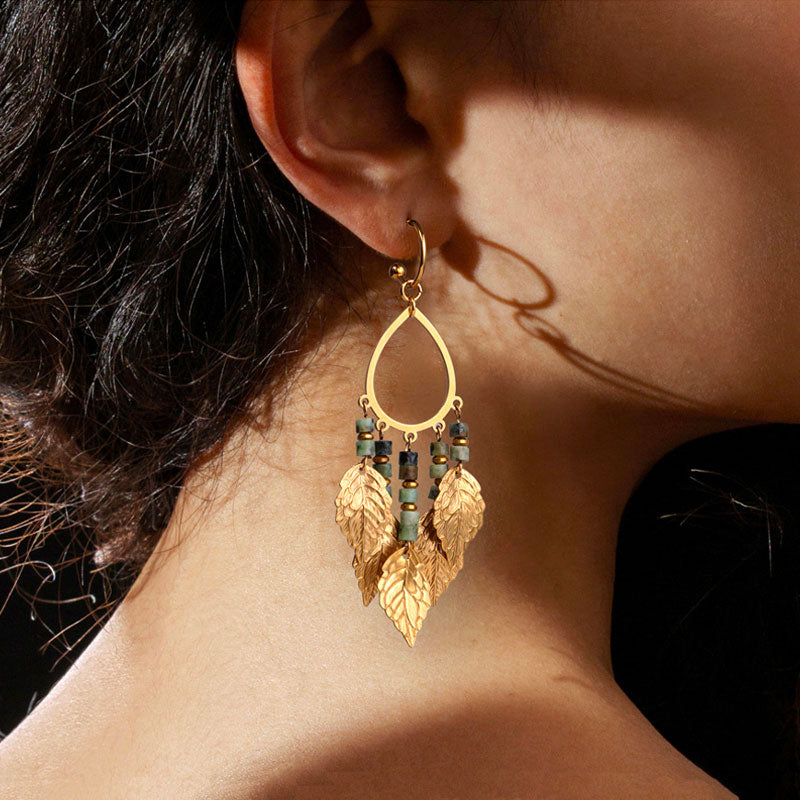 Handmade Natural Vintage Style Gold Leaf Tassel Earrings with African Turquoise-05