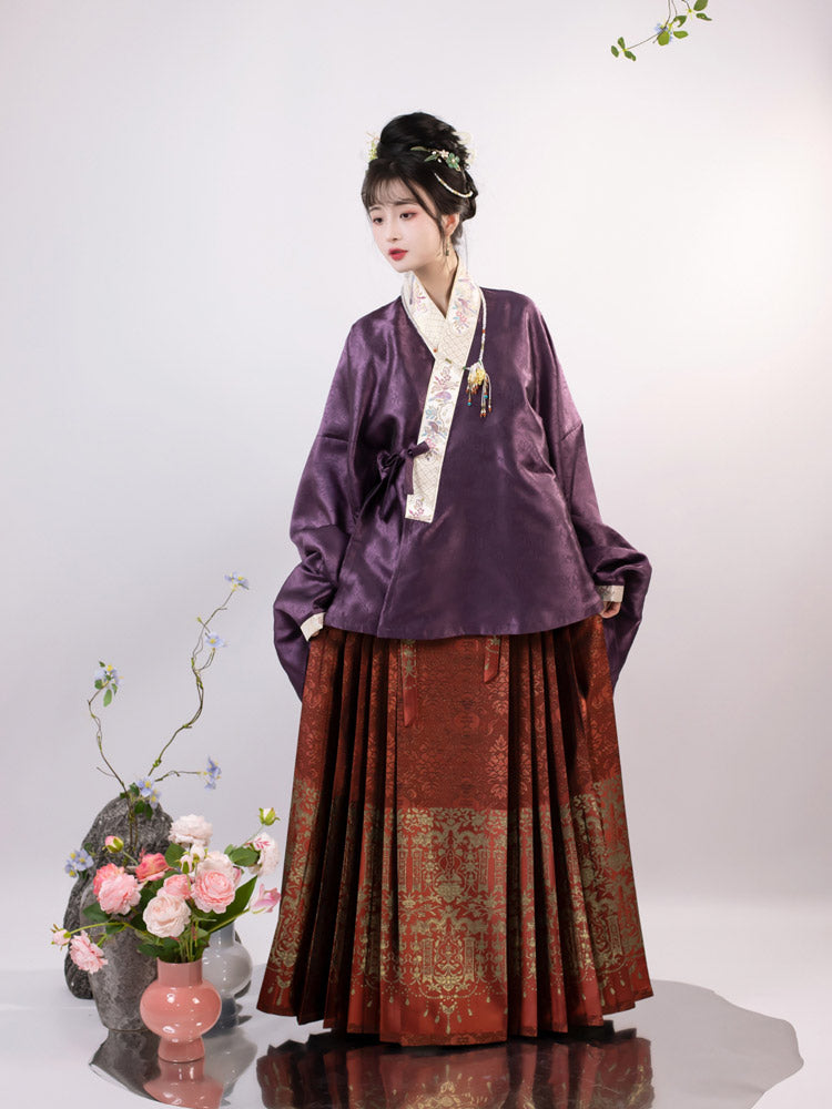 Chinese Style Purple Pipa Sleeve Jacquard Dark Embroidery Ming Dynasty Cross-collar Top Blouse-02