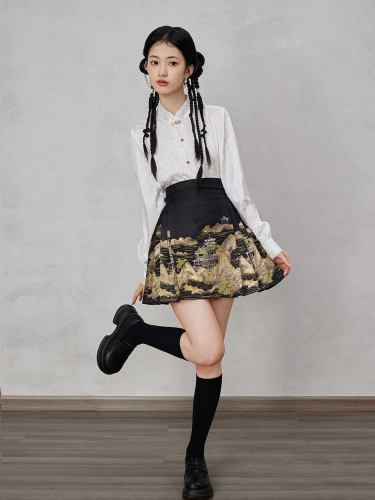 Mountains, Waters, and Pavilions – Woven Gold Short Mamianqun Skirt Neo-Hanfu Mini Skirt-08