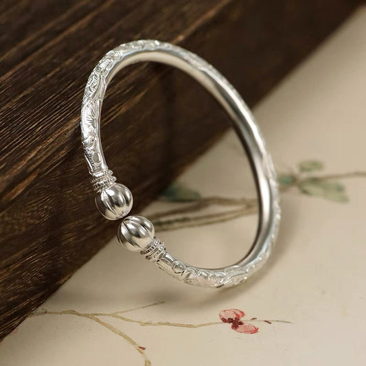 Vintage Chinese StylHand-Carved Peony Flower Pure Silver Bangle Bracelet with Pumpkin Shaped Opening Cuff-02