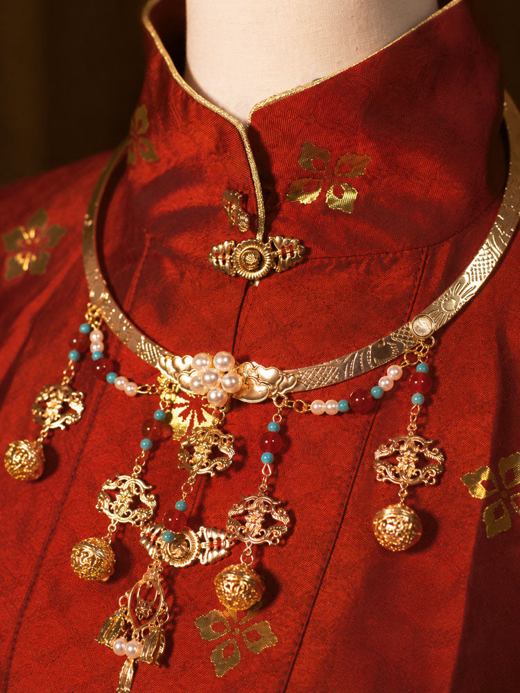 Ming-Style Yingluo Collar Necklace with Liuli Glass and Imitation Pearls-02