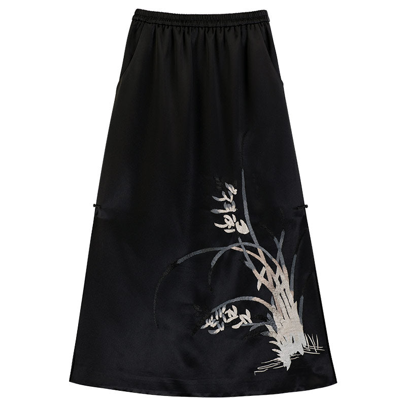 Orchid Embroidered Skirt - Black Neo-Chinese Midi Skirt-06