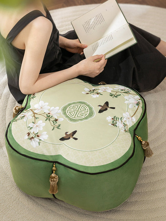 Jade Magnolia at Spring Dawn - Chinese Printed Meditation Pouf Pillow Floor Cushion