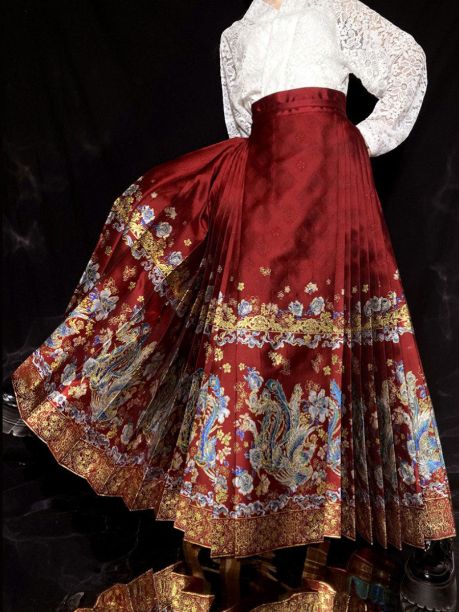 Phoenix in Flight Brocade Mamian Skirt – Ming-Style Woven Gold Hanfu Skirt-06