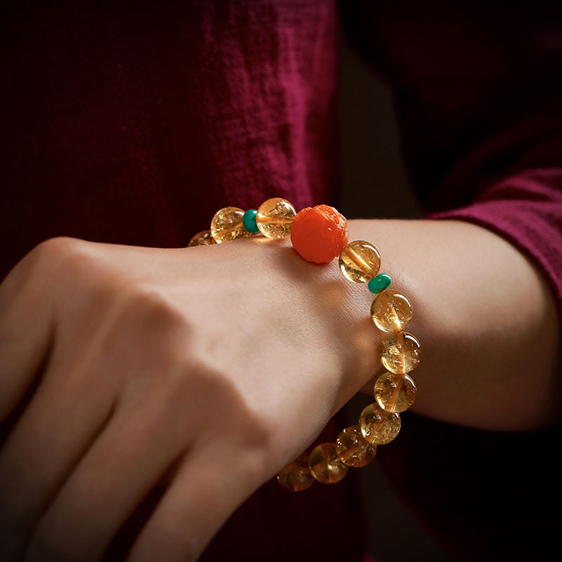 Natural Yellow Citrine Bracelet with South Red Agate Pixiu and Turquoise Beads-08