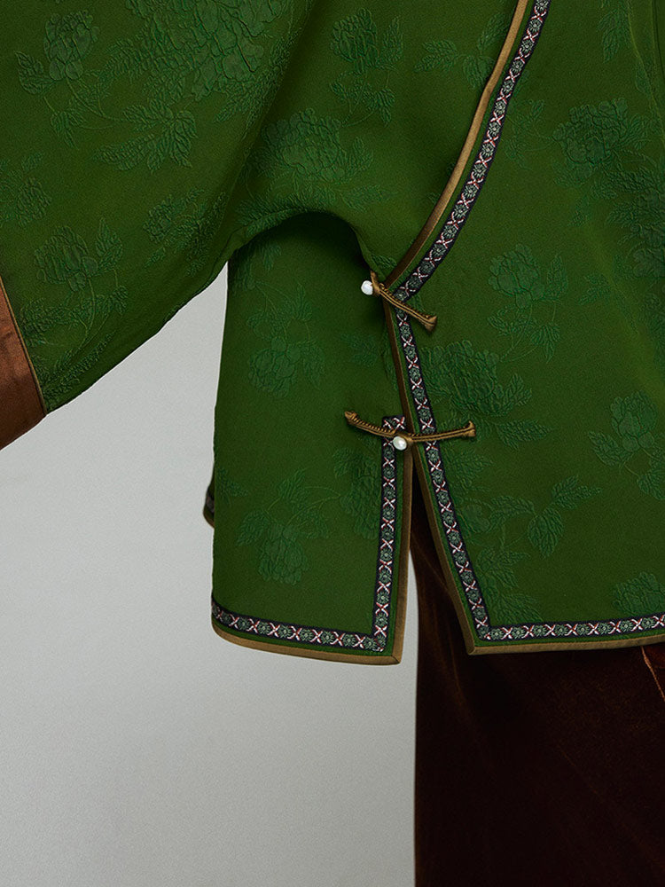 Vintage Green Embroidered Chinese Silk Blouse – Handmade 100% Mulberry Silk Women's Top-07