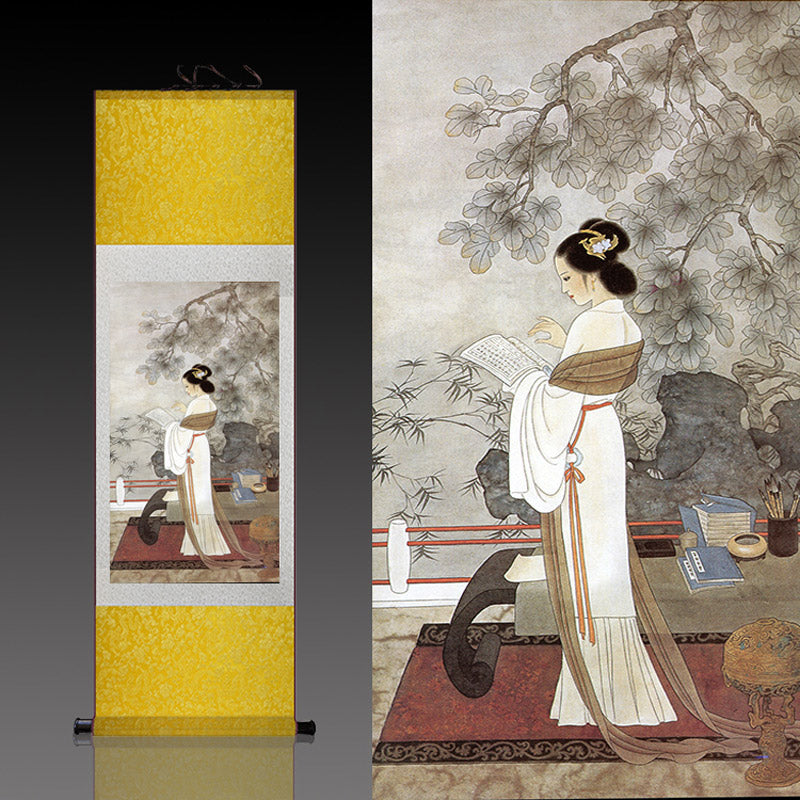 Traditional Chinese Painting Reading Lady Silk Scroll Hanging Painting Wall Decoration Art