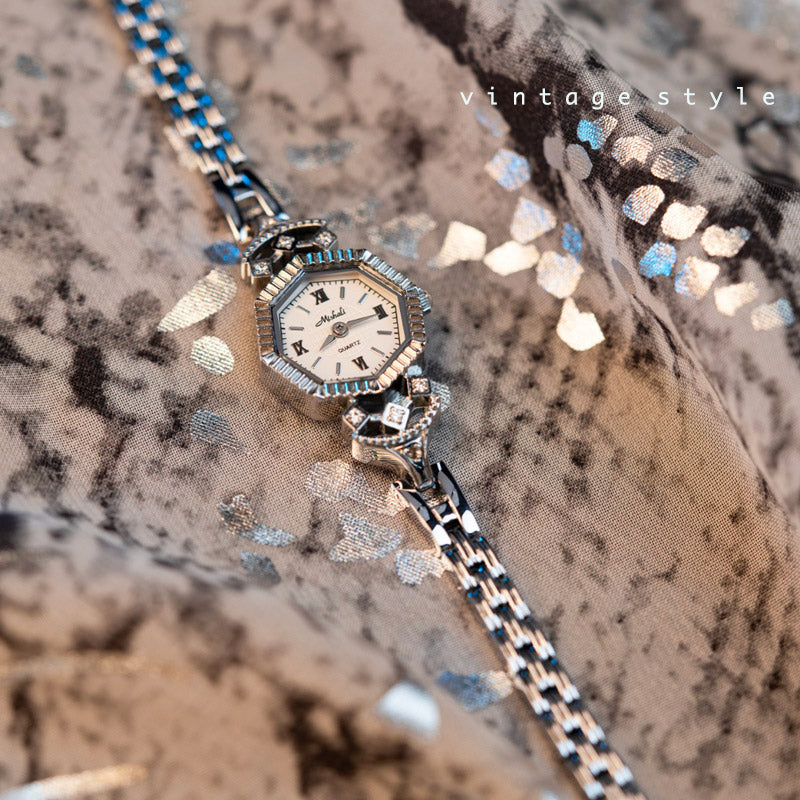 Elegant Vintage Siver Octagonal Dial Baroque Style Watch for Women