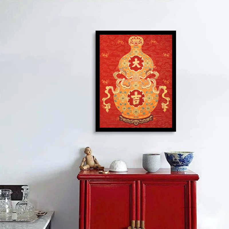 Chinese Auspicious Red Fortune, Prosperity, and Longevity Gourd Decorative Painting-06