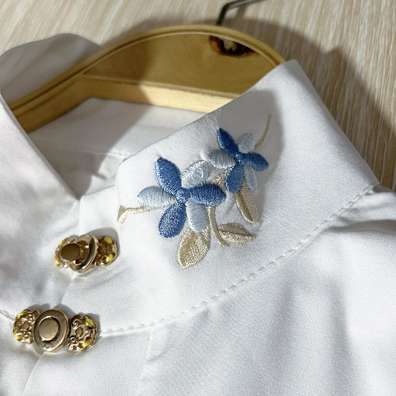 Ming Dynasty Stand-up Collar Han Element Solid Color Front Placket Daily Shirt Top-04