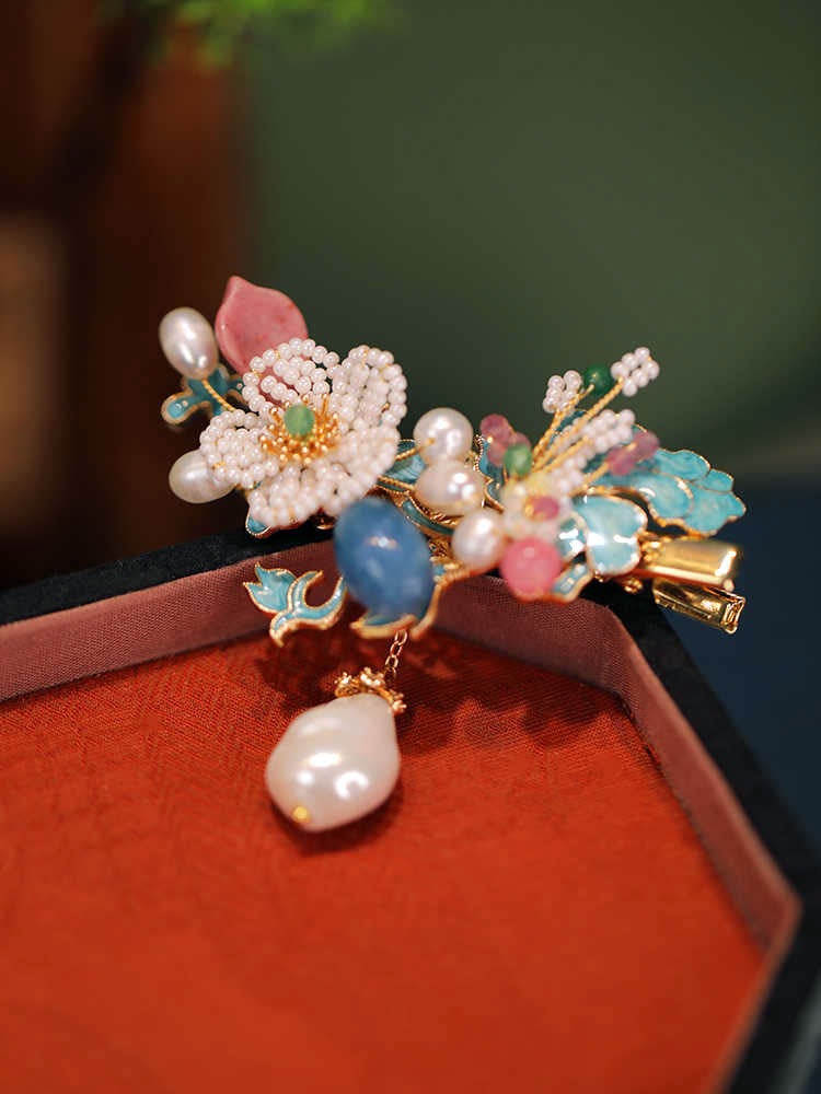 Chinese Blue Enamel Floral Hair Clip with Pearl Accents-07