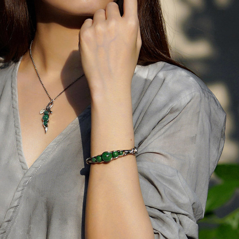 Natural Inspired Handmade 999 Silver Pea Pod Bracelet with Inlaid Jade-06