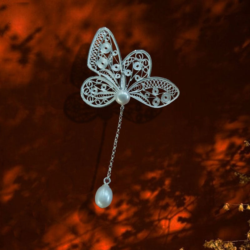 Vintage Plain Silver Filigree Butterfly Brooch/Pendant with Natural Freshwater Pearls-06