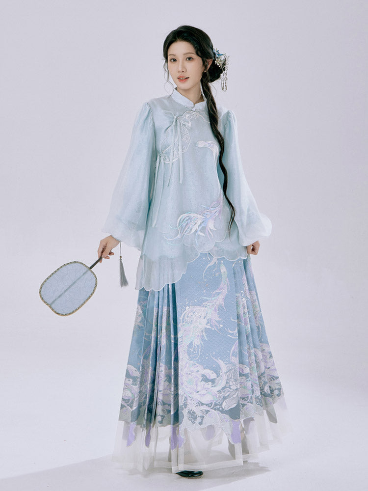 Spiritual Fish and Sea Waves – Dreamy Blue Hanfu Set with Horse Face Skirt Mamianqun Set-05