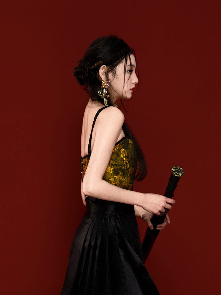 Black & Gold Vintage Hanfu Camisole Bustier Top for Mamian Skirt-06