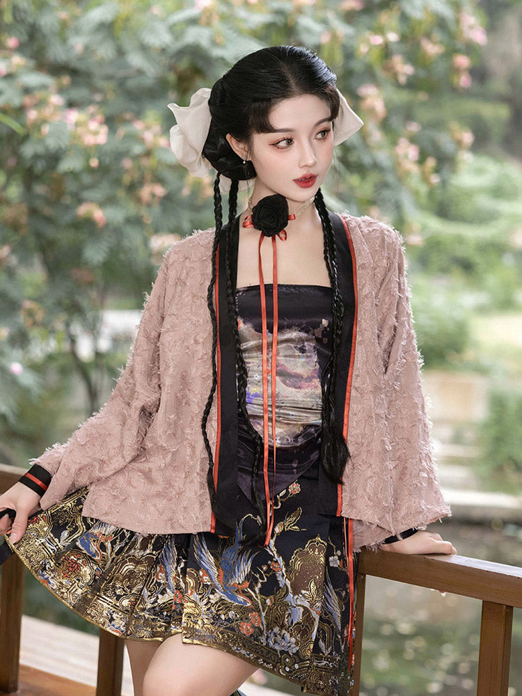 Magpie Herald of Joy – Chinese Magpie and Plum Blossom Brocade Woven Gold Mini Mamianqun Hanfu Skirt-05