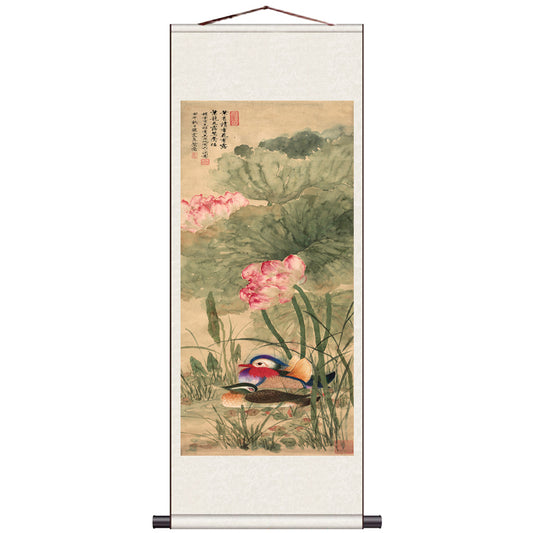 Traditional Chinese Painting Mandarin Ducks and Ink Lotus, Mandarin Ducks Playing in Water Silk Scroll Hanging Painting-06