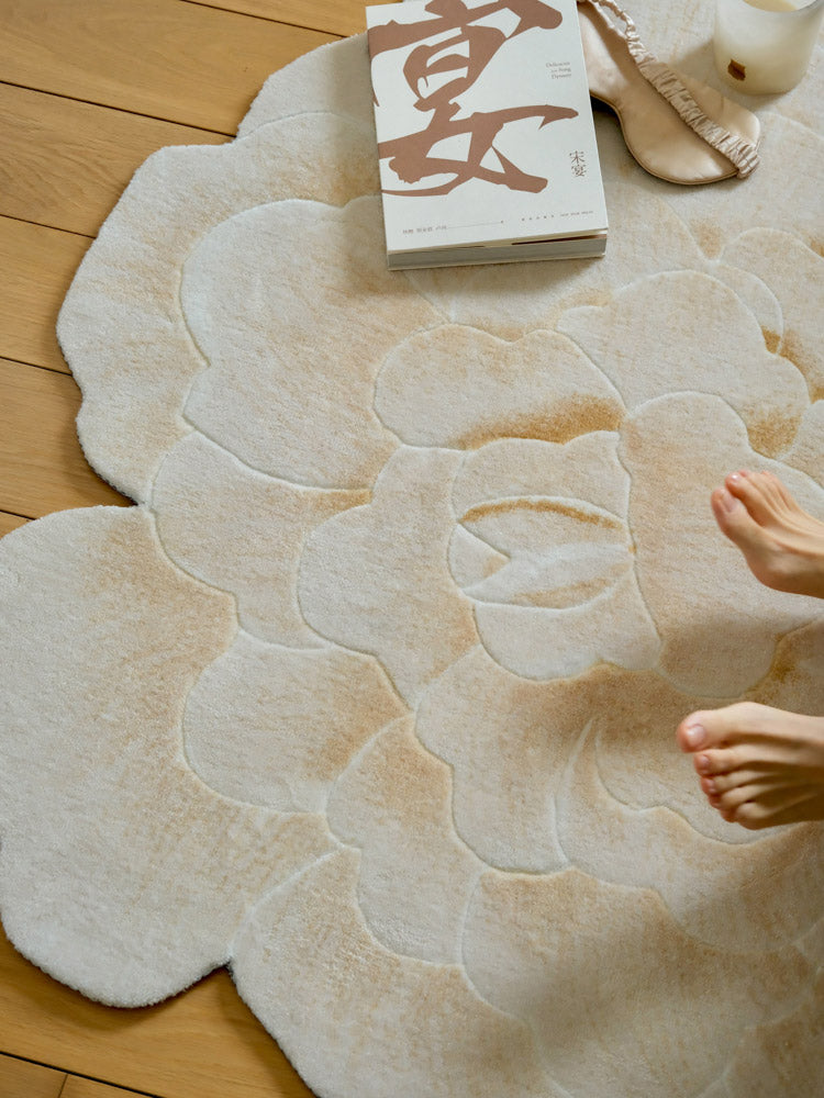 "Golden Silk White Peony" Handwoven White Peony Flower Shaped Rug Home Decor-06