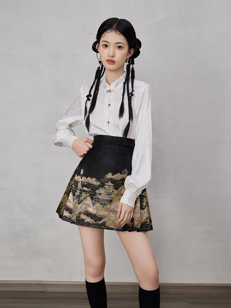 Mountains, Waters, and Pavilions – Woven Gold Short Mamianqun Skirt Neo-Hanfu Mini Skirt-10