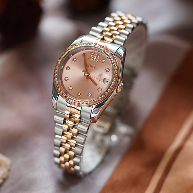 Retro Elegance Versatile Round Berry Nude Pink Dial Gold Watch-07