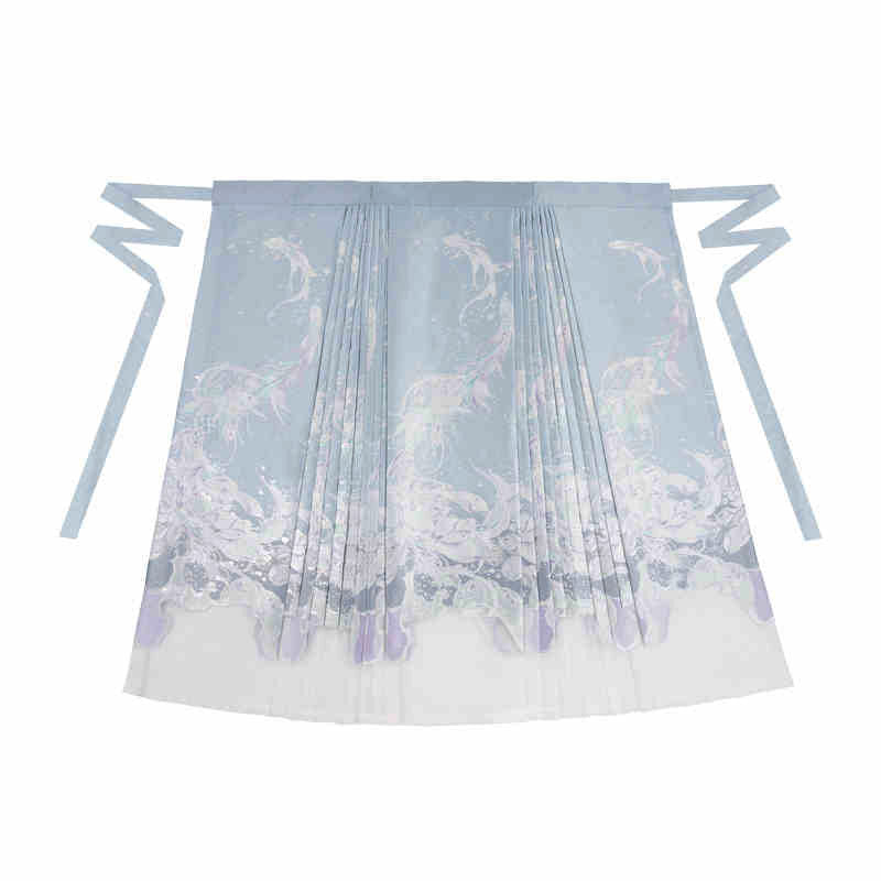 Spiritual Fish and Sea Waves – Dreamy Blue Hanfu Set with Horse Face Skirt Mamianqun Set-07